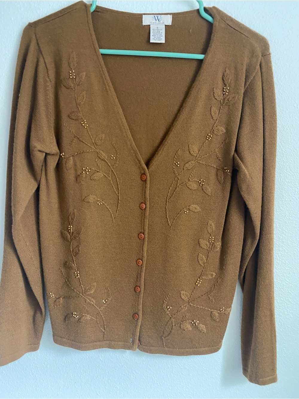 W by Worth Brown Embroidered V-Neck Button Cardigan